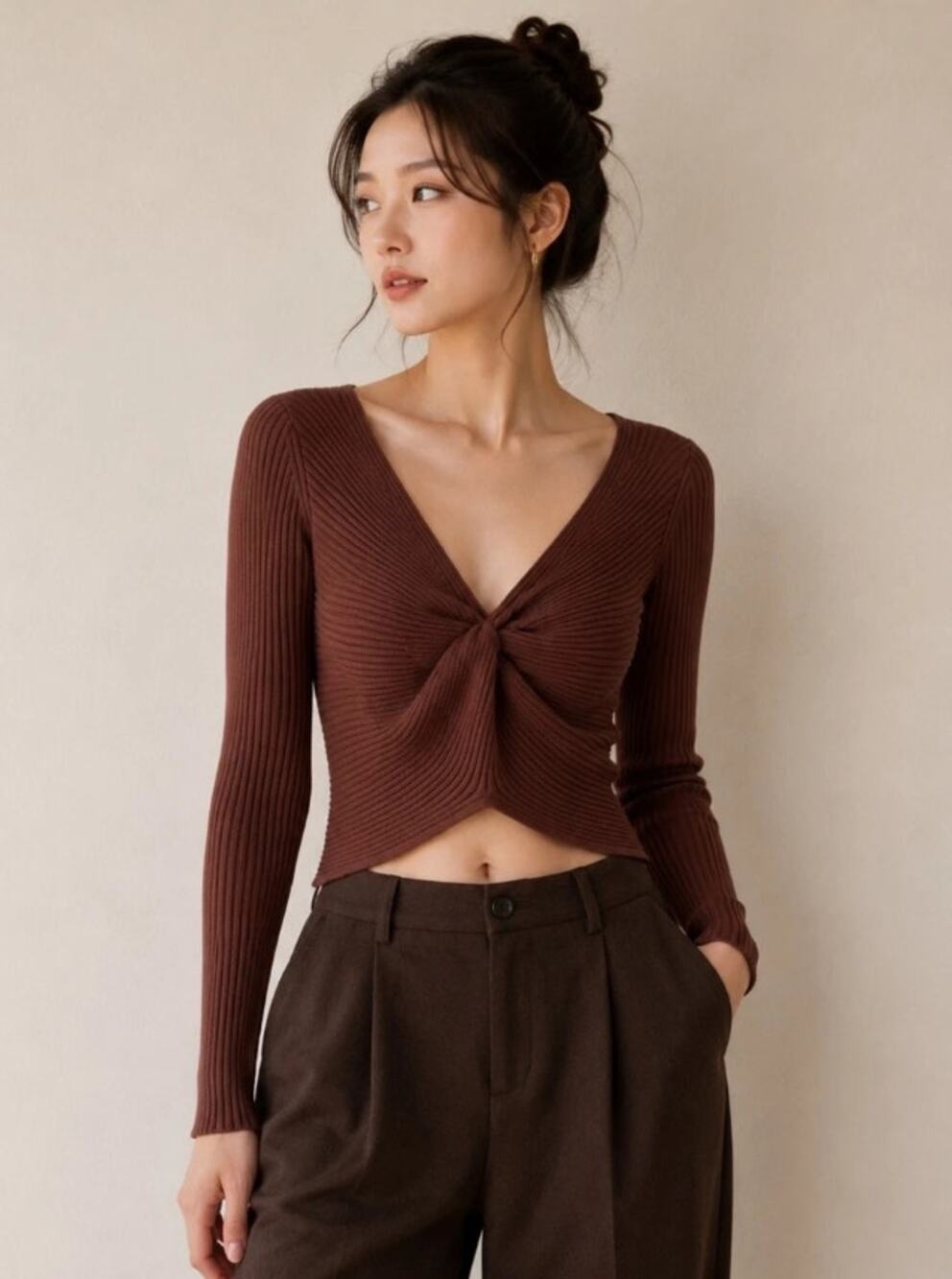 Abercrombie & Fitch Ribbed Twist Front Crop Sweater Brown Size S EUC